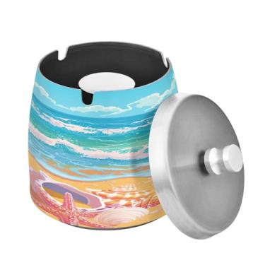 Imagem de Blueangle Lindo cinzeiro de praia tropical com tampa para cigarros, à prova de vento/chuva, aço inoxidável, sem fumaça, inodoro, cinzeiro para uso interno ou externo (595)