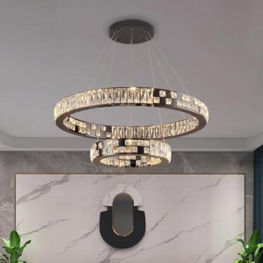 Imagem de Lustre moderno de luxo com cristais espessos em formato duplex - Luminária sofisticada para sala de estar (círculo duplo de 60 + 40 cm)