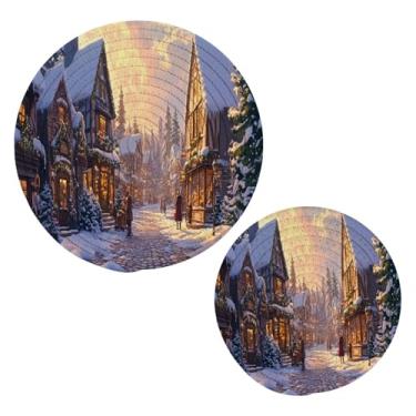 Imagem de Blueangle 2 peças de suporte de panela de Natal de rua - conjunto de pegadores de panela de tecido redondo - almofadas quentes trançadas de algodão - porta-copos - tapetes de mesa para cozinhar e