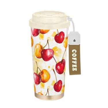Imagem de SEHANY Caneca de viagem de cereja fofa de 482 g Copos de café reutilizáveis revestidos de cerâmica com tampa à prova de vazamento, parede dupla, isolamento a vácuo, copo de café de aço inoxidável para