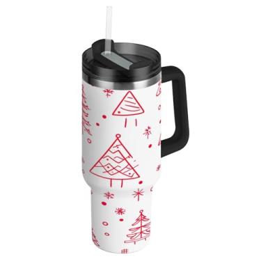 Imagem de ATTX Copo de árvore de Natal de 1,134 g com alça, copo de aço inoxidável a vácuo de parede dupla com palha, caneca de café de viagem isolada #269