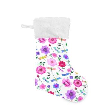 Imagem de GakkiGii Pacote com 2 meias de Natal com flores e libélulas, decoração grande para pendurar na parede da árvore da lareira, 45 x 31 cm