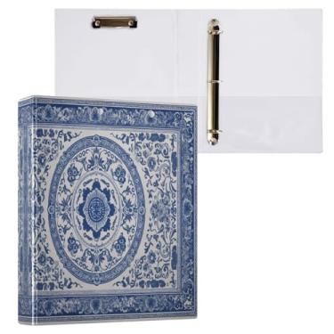 Imagem de Blueangle Fichário de 3 anéis estilo porcelana azul e branca com prancheta e 2 bolsos - Organizador de documentos decorativos de 3 cm para escritório, suprimentos para reuniões (306)