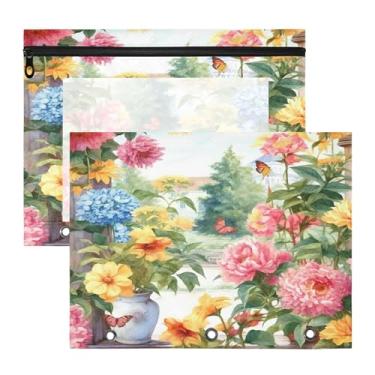 Imagem de SEHANY Pasta de lápis de flores de jardim com 3 anéis – Bolsa para documentos tamanho A4 com janela transparente para sala de aula, escritório, 2 peças