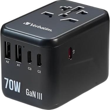 Imagem de Verbatim Adaptador Universal de Tomada GaN III, 70W, Preto, 6 Portas USB, Carregamento Rápido PD 3.0, Compatível com 180 Países, Modelo UTA-09