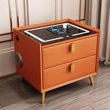 Imagem de Yadlan Mesa de cabeceira inteligente com carregamento sem fio, mesinhas de cabeceira com gavetas de madeira maciça, 2 gavetas mesa de cabeceira para quarto com Bluetooth e luz LED sensível ao toque, 2