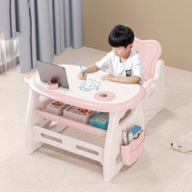 Imagem de Yadlan Conjunto de mesa e cadeira infantil de 1 a 12 anos, mesa de estudo com altura ajustável para crianças, mesa infantil com armazenamento, bolsa lateral e suporte para caneta, mesa de trabalho