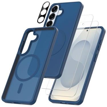 Imagem de Capa magnética para Samsung Galaxy S26 5G com 2 películas de vidro temperado com 1 protetor de lente de câmera fosco translúcido à prova de choque (azul)