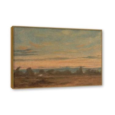 Imagem de Moldura de teca. Arte em tela romantismo estilo constável, (paisagem noturna de verão), pintura de paisagem inglesa emoldurada, decoração de parede elegante para sala de estar escritório. 50 x 70 cm