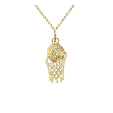 Imagem de TAKAR Colar com pingente de cesta de basquete – Colar banhado a ouro vermeil em prata esterlina 925 com detalhes de zircônia cúbica – Corrente de rolo ajustável de 41 e 45 cm – Joias inspiradas em