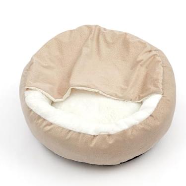 Imagem de Cama para cachorro calmante de pelúcia cova gato fofa com capa capuz pet redonda interior cachorros e gatos pequenos médios grandes