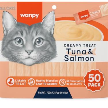 Imagem de Petisco para gatos Wanpy Creamy Atum e Salmão Pacote com 50 tubos de 14g - 700g