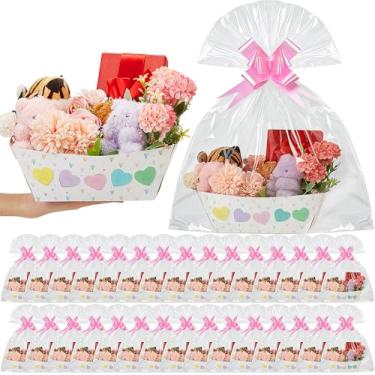 Imagem de Kolldenn Conjunto de 30 cestas de dia dos namorados para presente vazio colorido conversa coração dia dos namorados bandeja de mercado vazia cesta de papelão sacos de celofane transparentes laços de