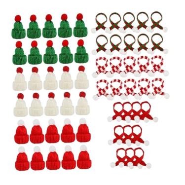 Imagem de MotiveTech Conjunto de mini gorro e cachecol de tricô, gorro de boneca, lindos gorros de Papai Noel em miniatura, enfeite de árvore de Natal para joias,