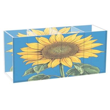 Imagem de CEBUGI Porta-canetas de acrílico com 4 compartimentos, organizador de lápis transparente, girassóis, suporte de pincel de maquiagem floral para armazenamento em casa e escritório