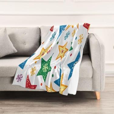 Imagem de Wassud Cobertores e mantas de Natal 152 x 228 cm Manta colorida de flocos de neve e estrelas para sofá, cobertor quente de lã de pelúcia aconchegante para cama, sofá, cadeira, decoração de casa