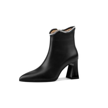 Imagem de TinaCus Bota feminina de cano curto feita à mão com salto grosso, couro legítimo, zíper e cristal, Preto, 34