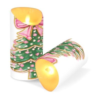 Imagem de ATTX Pacote com 2 velas sem chamas para árvore de Natal com laço rosa - 7,6 cm x 15 cm com controle remoto e temporizador para decoração de casa, casamento, acampamento #231