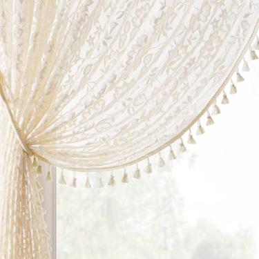 Imagem de Cortinas Boho vintage 226 cm de comprimento, 2 painéis, cortinas de renda floral natural com borlas, rústico, boêmio, vibração, filtro de luz, bolso para varão, cortinas de crochê para sala de estar