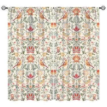 Imagem de Cortina retrô de pássaros, estilo artístico William Morris, estilo boêmio, flores de pássaro, bege, tratamentos de janela, cortinas com isolamento térmico, 2 conjuntos de painéis para quarto, sala de