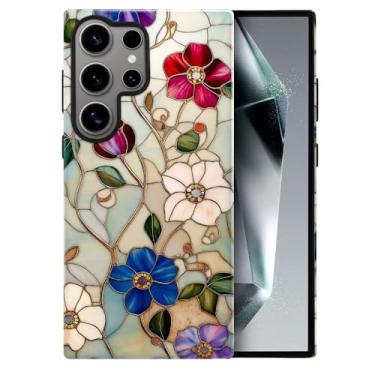 Imagem de heindiy Compatível com Samsung Galaxy S24 Ultra, capa brilhante, proteção total, à prova de choque, anti-arranhões, capa de TPU, capas para homem mulher - vintage encantador flor vitral
