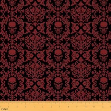 Imagem de jejeloiu Tecido de estofamento damasco vermelho preto para cadeiras gótico crânio gótico para projetos de bricolage em casa, à prova d'água, decoração interna e externa, 3 metros, vintage, floral
