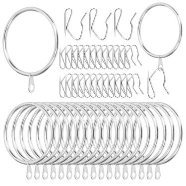 Imagem de Swpeet 60 peças de anel de cortina de metal prateado de 50 mm de diâmetro interno com ganchos de cortina, kit sortido, anel de ilhó deslizante drapeado, ganchos de cortina de metal, para cortinas de