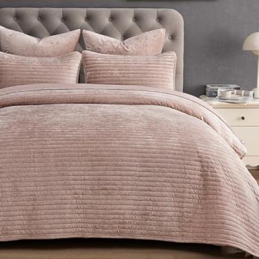 Imagem de PHF Conjunto de colcha de veludo de luxo King Size - 3 peças ultramacias com canal listrado, colcha acolchoada aconchegante, presente de herança, 1 cobertor com 2 fronhas combinando, 274 cm x 233 cm