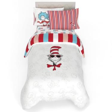 Imagem de Jogo de cama infantil Dr. Seuss Cat in The Hat, 5 peças, edredom reversível macio e aconchegante com fronha, produto oficialmente licenciado por Franco