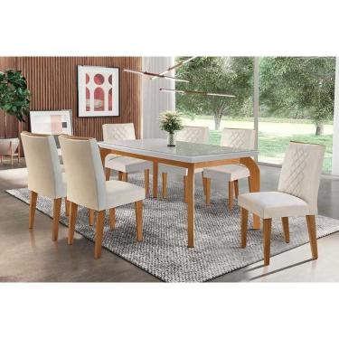 Imagem de Sala De Jantar Completa Londrina C- Tampo Madeirado Vidro Canto Reto 180x90cm E 6 Cadeiras Jade Imbuia - Veludo Creme - Rufato