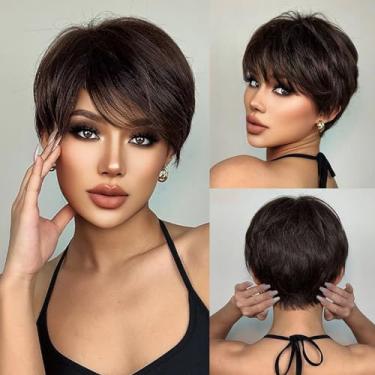 Imagem de Peruca Pixie Cortada em Camadas Curta Feminina com Franja Cabelo Natural Aparência Fluffy Sintética de Alta Temperatura Confortável Respirável Rede