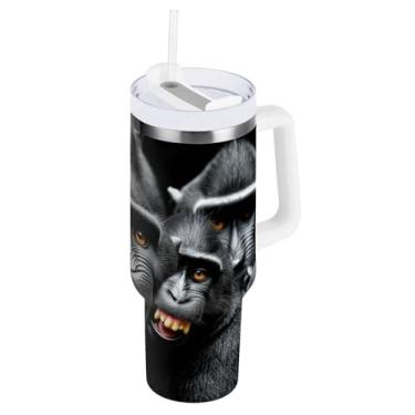 Imagem de ODAWA Copo grande isolado de outono com tampa e canudo, copo preto à prova de vazamento Monkeys