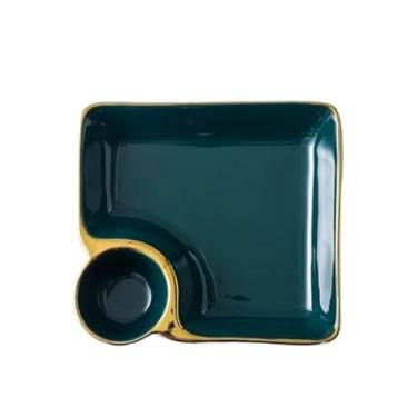 Imagem de Bandeja de cerâmica para bolinhos de massa com molho, utensílios de cozinha, fácil de limpar, adequada para casa ou restaurante, etc. (verde dourado, 2 peças)