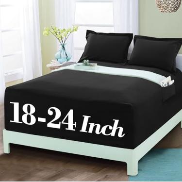 Imagem de Mocassi Lençol com elástico luxuoso 1800 de qualidade premium de hotel – Ultramacio, microfibra resistente a vincos, bolso extra profundo de 45 a 60 cm, lençol com elástico, King, preto