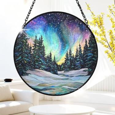 Imagem de 1 peça de decoração para pendurar apanhador solar de acrílico colorido, aurora boreal sobre floresta nevada 18 cm, decoração de janela com design de vitral impresso, ideia de presente e ornamento de