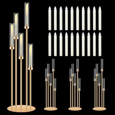 Imagem de Conjunto de 4 castiçais dourados de 5 braços com abajur de acrílico, castiçais de 105 cm de altura para presente de inauguração de casa de casamento de Natal, castiçais de metal, peça central de