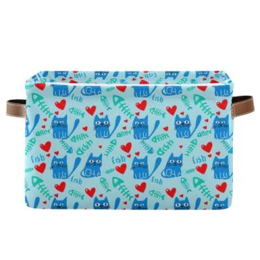 Imagem de Caixas de armazenamento de 36 cm com alças – Caixas de armazenamento retangulares dobráveis decorativas para escritório em casa, quarto, desenho de gato azul, 1 pacote