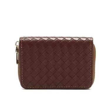 Imagem de Carteira feminina de couro genuíno com dobra dupla/tripla - Suporte minimalista para cartão de crédito com bloqueio de RFID e bolso para moedas, Marrom, Casual