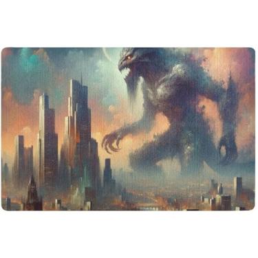 Imagem de TSENQUE Tapete de porta de outono personalizado com estampa de monstro da cidade, tapete de boas-vindas engraçado, grande, engraçado, tapete de entrada lavável para dentro de casa, 81 cm x 50 cm