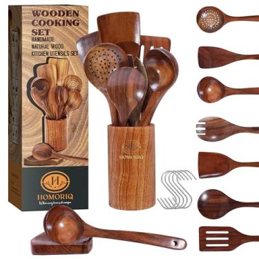 Imagem de Conjunto de 9 utensílios de cozinha de madeira teca natural - colheres e espátulas com suporte e descanso de colher, resistente ao calor, antiaderente, utensílios de cozinha leves (9)