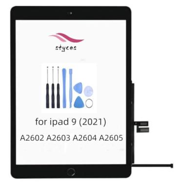 Imagem de STYCES Tela sensível ao toque digitalizador de substituição para ipad 9/2021 A2602 A2603 A2604 A2605, tela de vidro frontal 10,2 polegadas com botão Home, ferramentas fita dupla face (preto)