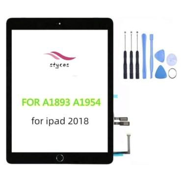 Imagem de STYCES Tela sensível ao toque digitalizador de substituição para iPad 2018 A1893 A1954, tela de vidro frontal 9,7 polegadas com botão Home para iPad 6ª geração, ferramentas fita dupla face (preto)