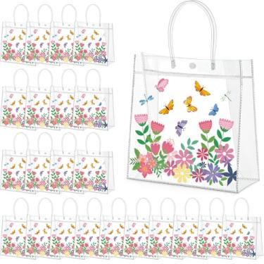 Imagem de Aliceset 24 peças de sacolas de presente de PVC transparente Happy Easter com alça reutilizáveis para lembrancinhas de festa de doces de Páscoa para lanche e doces (flores silvestres, 25 x 25 x 9 cm)