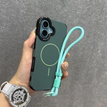 Imagem de Capa de couro PU da moda para iPhone 15 16 Plus 14 13 12 Pro Max 11 com alça de pulso e cordão magnético macio à prova de choque, verde, para iPhone 13