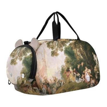Imagem de Bolsa esportiva Hubert Robert para meninas com pintura de paisagem para viagem durante a noite com compartimento para sapatos, bolsa esportiva para meninos, Antoine Watteau Embarkation Cythera
