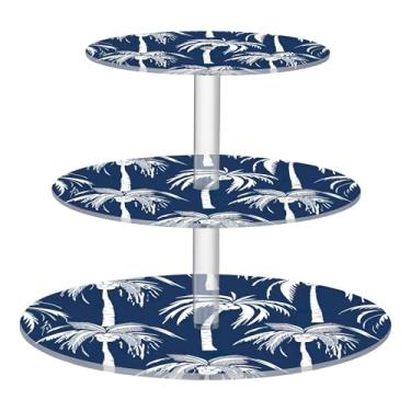 Imagem de Palmeiras brancas, azulejo azul escuro, suporte para cupcake, exibição de 3 níveis, torre de cupcake, decoração de mesa, bandeja de comida, suprimentos de festa, chá de bebê doce