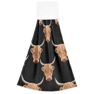 Imagem de Joisal Lindas cabeças de vaca Highland toalhas de mão pretas primavera com laços para pendurar toalhas de forno absorventes macias com ponta de dedo conjunto de 2, toalhas para cozinha banheiro 18,2 x