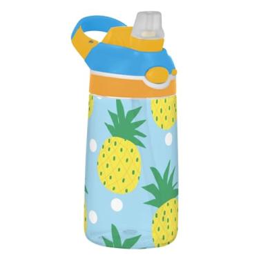Imagem de Garrafa de água de abacaxi amarelo azul claro infantil 473 ml garrafa de água de plástico reutilizável com tampa de canudo 473 ml Tritan copo infantil portátil à prova de vazamento, alça de transporte