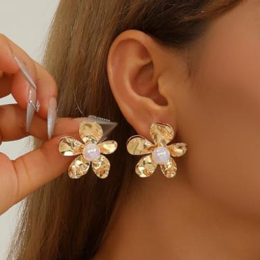 Imagem de Brincos de pérola sintética com incrustações florais para mulheres, acessórios de moda hipoalergênicos, joias de luxo, Medium, Metal, Sem pedra preciosa