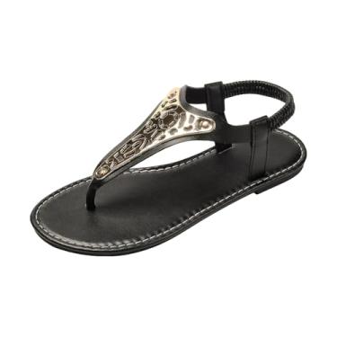 Imagem de Sandália feminina moderna com fivela de metal e clipe de dedo do pé confortável para praia plus size primavera verão casual, Preto, 38